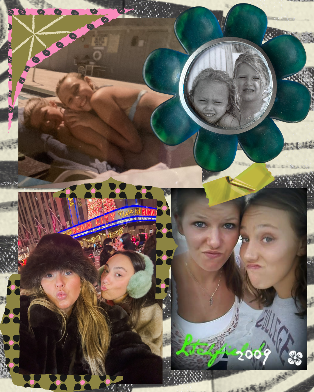 Collage of three photographs featuring two young girls. The first photo shows them as children lying on a bed, smiling at the camera. The second photo, framed like a flower, depicts the girls as children at the beach with wet hair. The third photo captures the girls as teenagers at a lively amusement park nighttime, making funny faces.