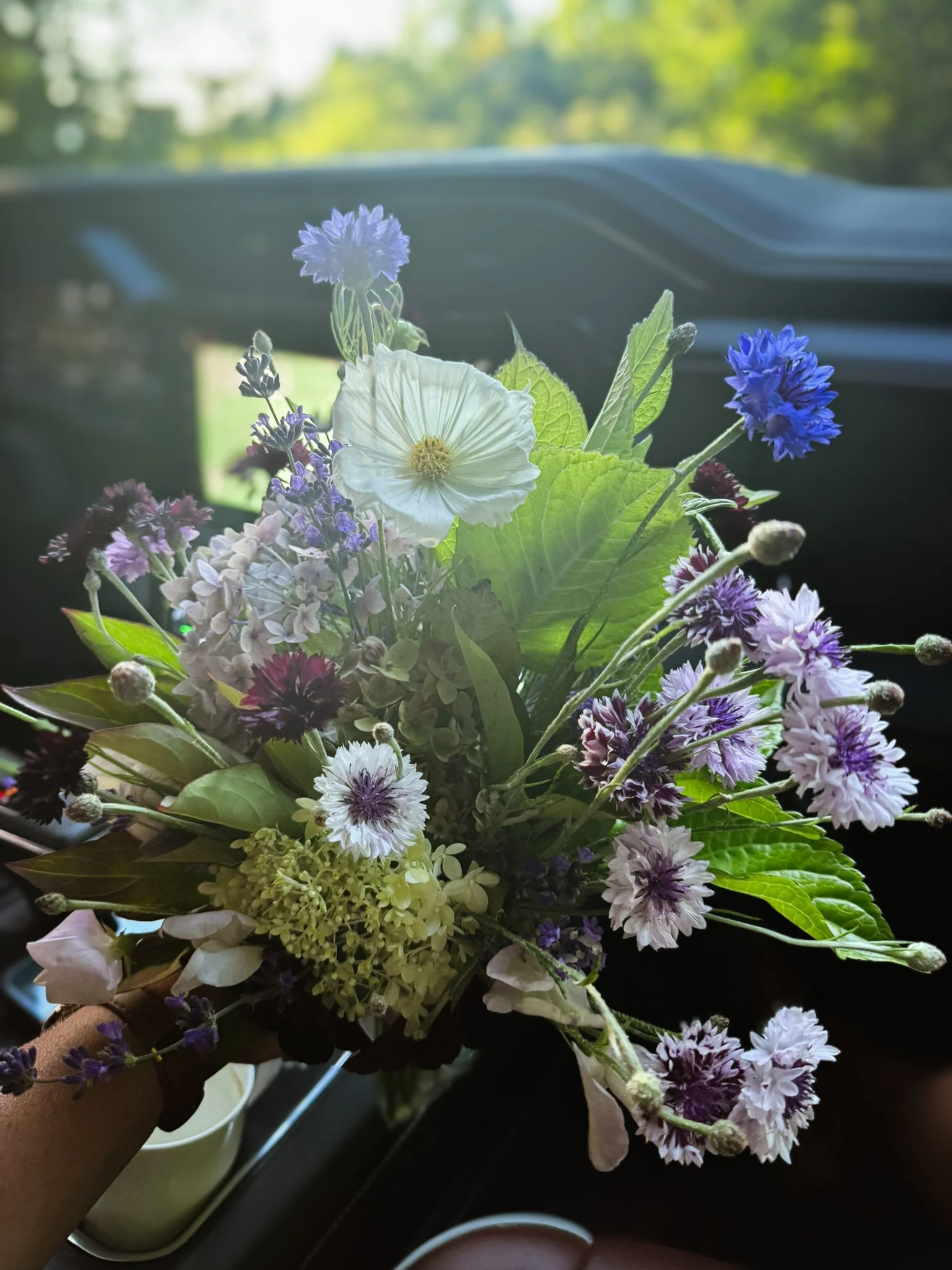 A person holding a colorful bouquet of mixed flowers inside a vehicle, with a blurred outdoor background visible through the windshield.