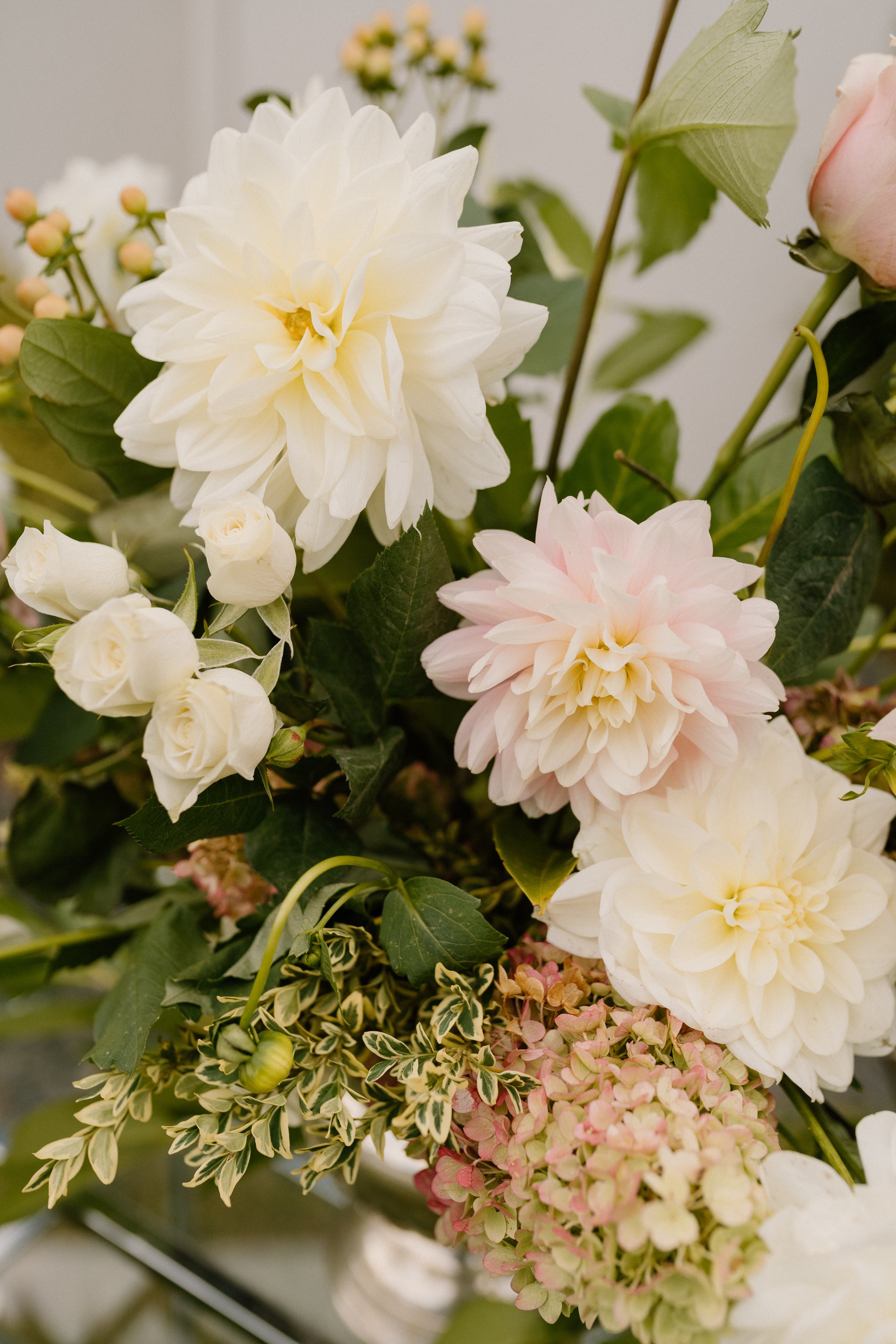A floral arrangement with white and pale pink dahlias, white roses, variegated greenery, and pink hydrangeas.