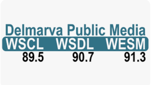 Logo of Delmarva Public Media with radio station frequencies for WSCL, WSDL, and WESM.