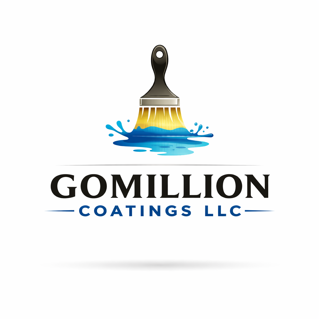A logo for Gomillion Coatings LLC featuring a paintbrush with yellow and blue paint splashing below it.
