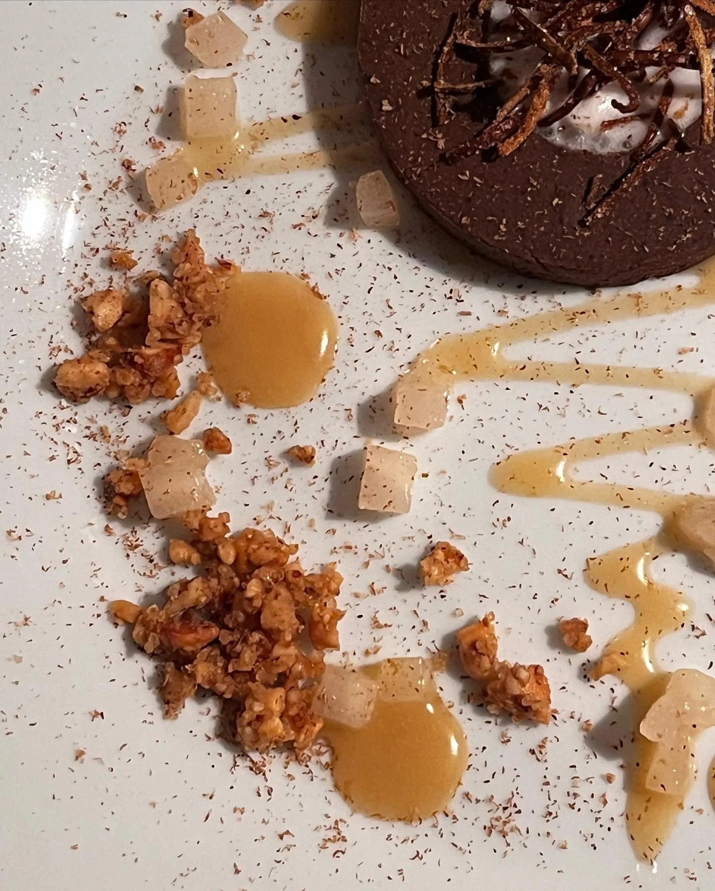 Blackened Chestnut Puree

Amazake foam, 
Ginger/Lemon marinated Pear, reduced marinade with white chocolate, 
Nut-Crumble

#blackchestnut
#amazake
#koji
#ferment 
#kitchenalchemy