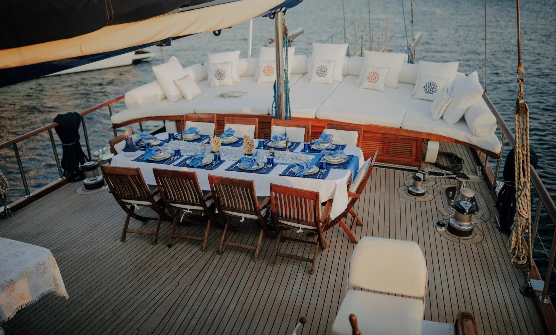 Outdoor dining setup on a private gulet in Bodrum.