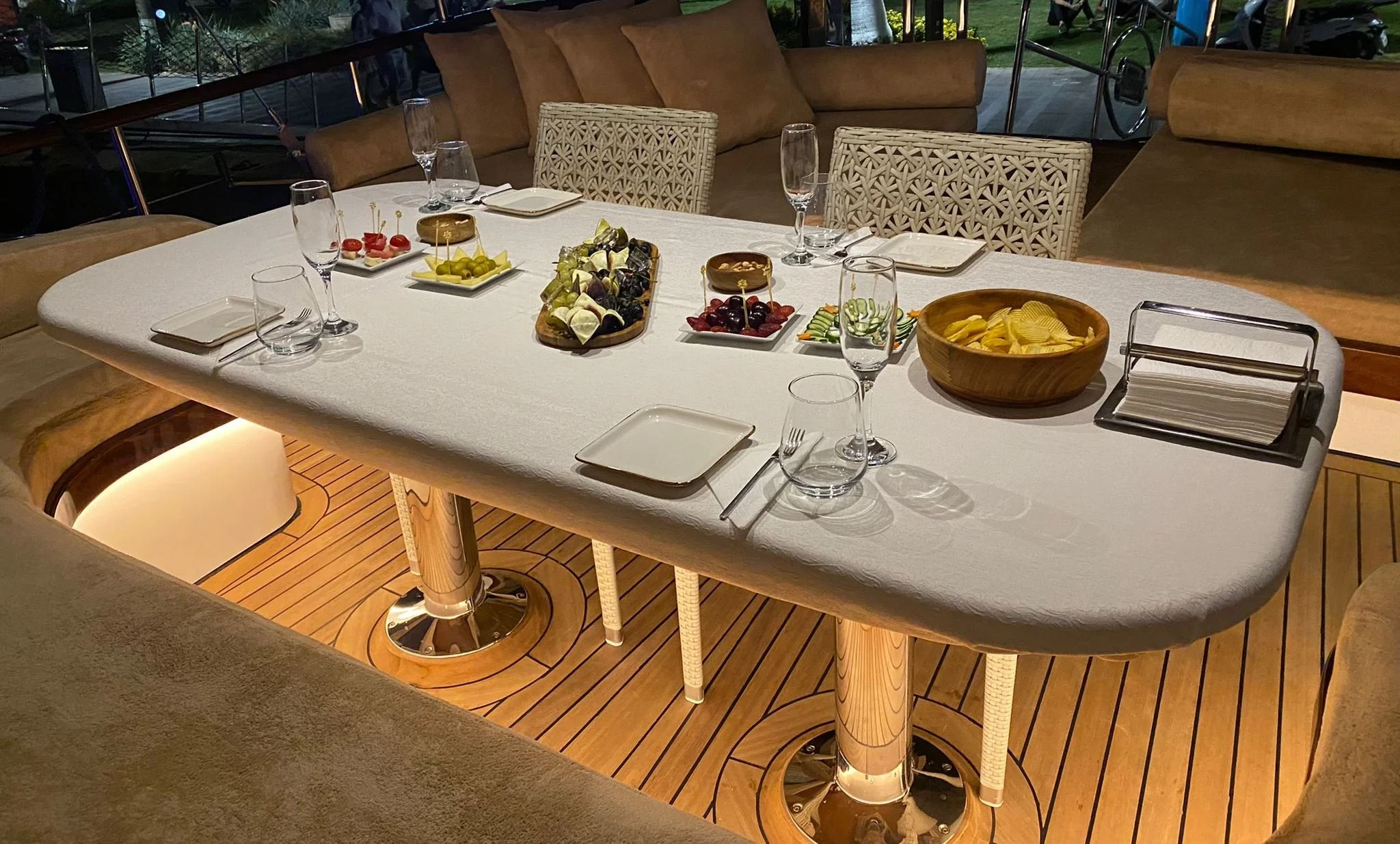 Indoor dining table inside a private gulet