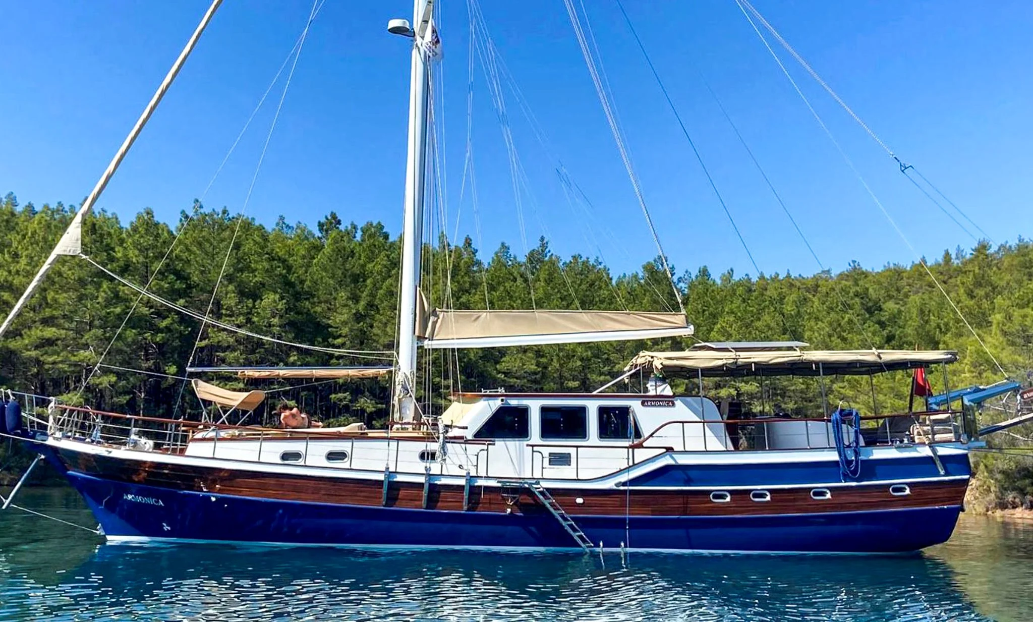 Traditional gulet docked on calm water near Bodrum