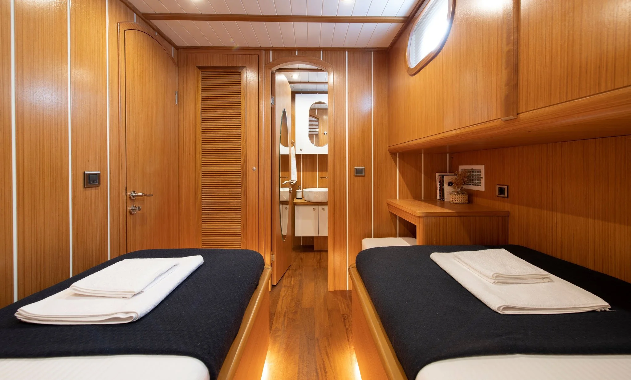 
Twin cabin bedroom inside a traditional gulet.