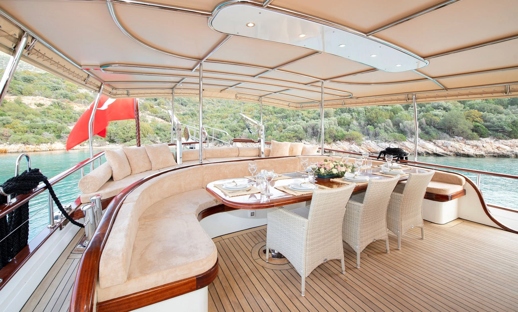 Outdoor dining area on a private gulet in Bodrum.