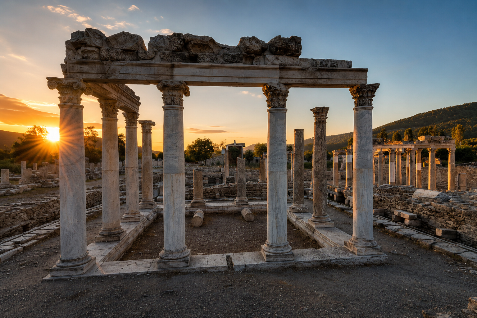 Ancient classical ruins with marble columns during sunset, with a mountainous landscape in the background.