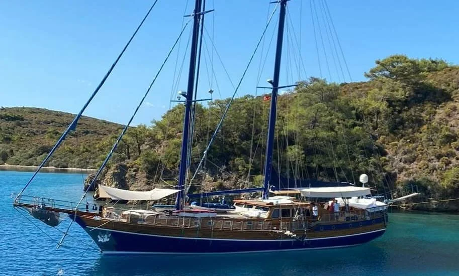 Blue private gulet anchored near a forested coastline.