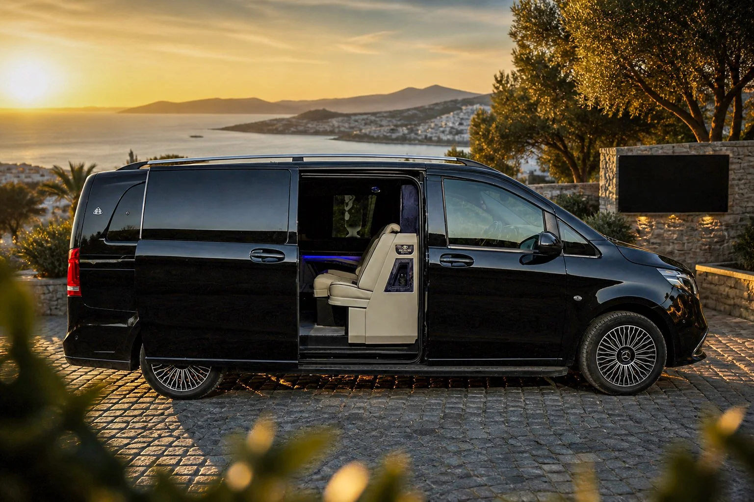 A black luxury van with an open sliding door revealing cream-colored leather seats, parked on a stone driveway at sunset with a coastal landscape and mountains in the background.