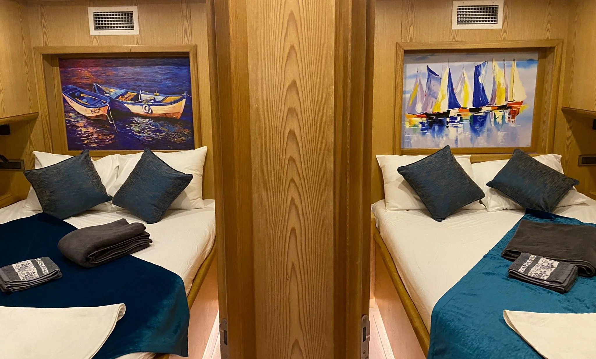 Twin cabin bedroom inside a private gulet