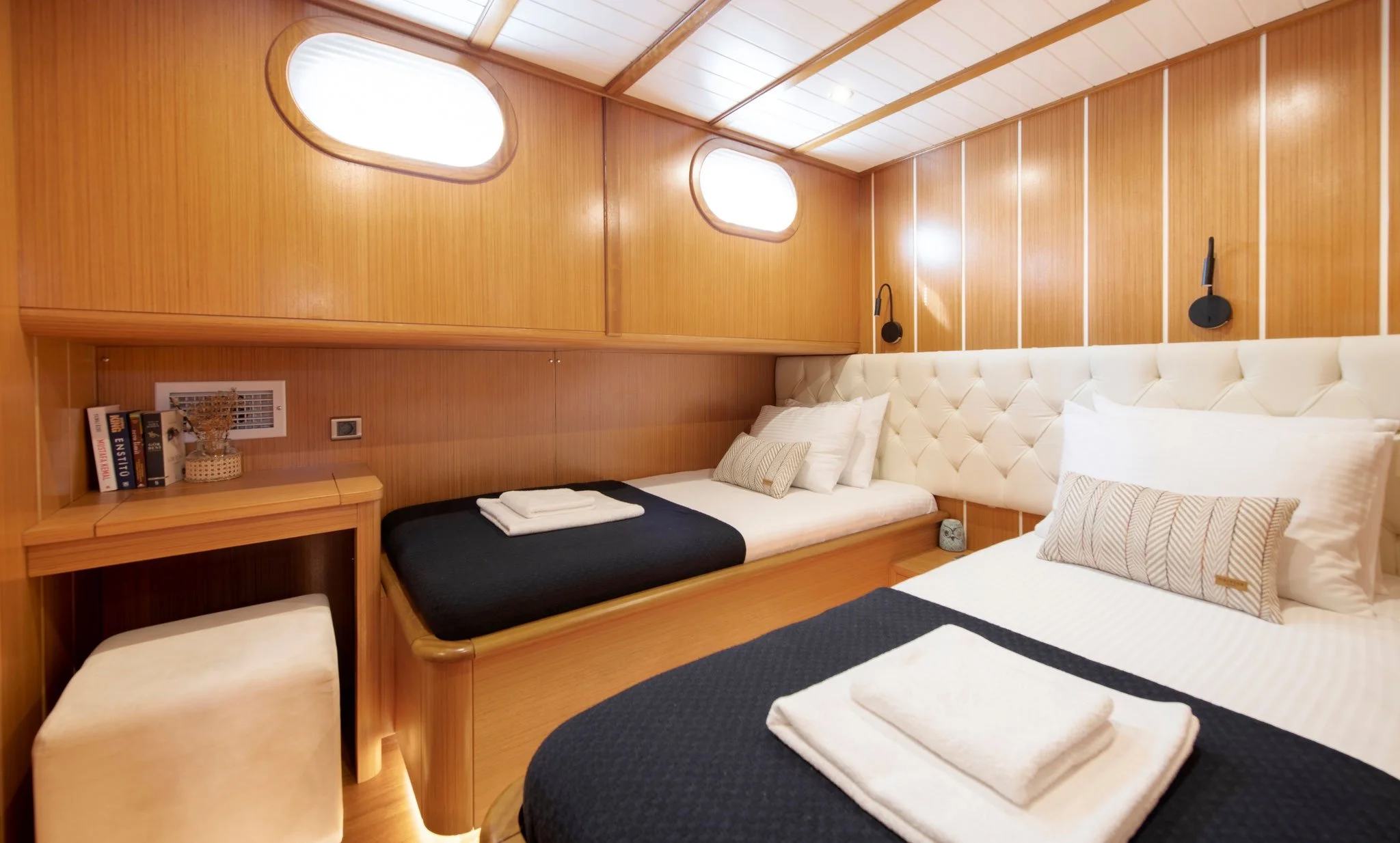 Twin bedroom cabin inside a private gulet.
