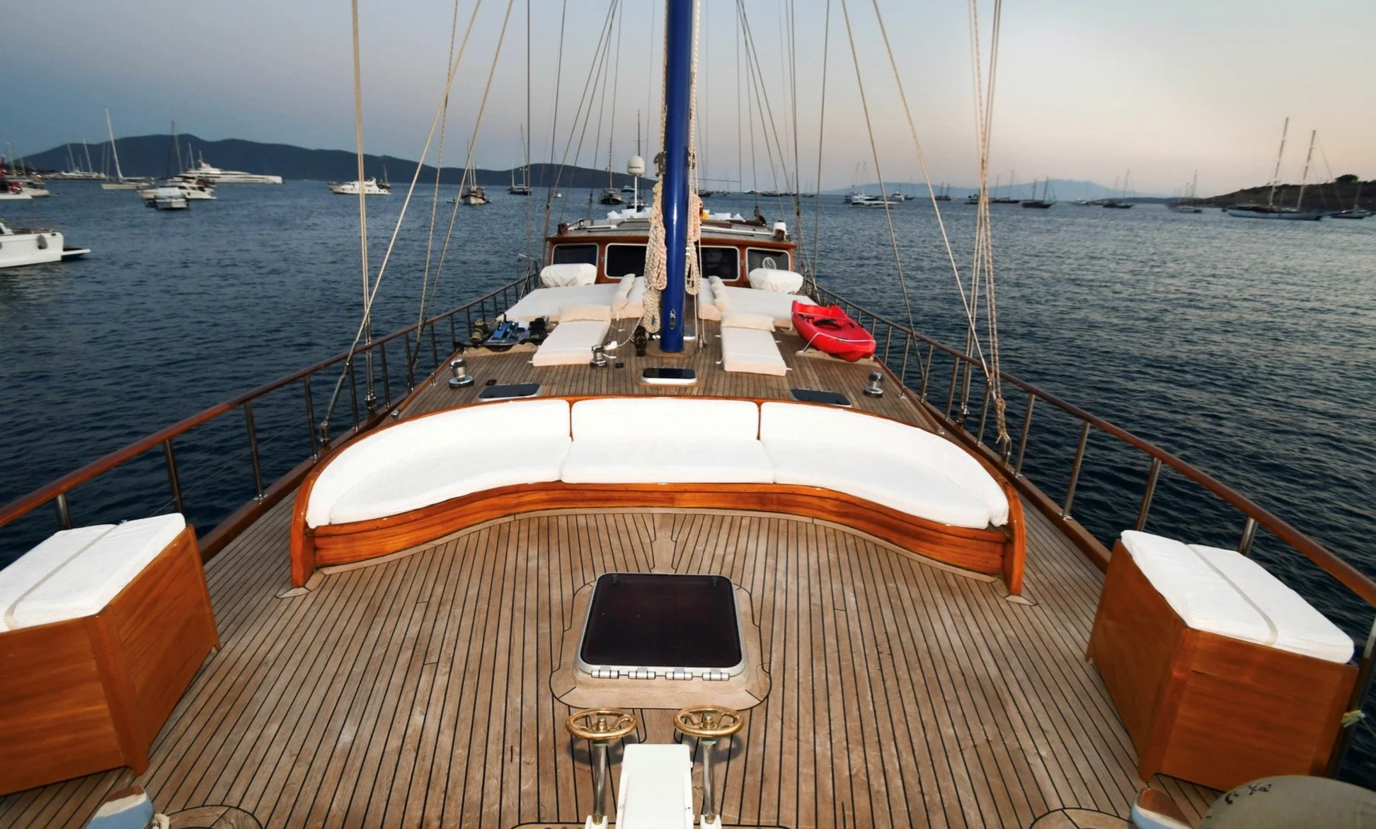 Private gulet deck view over calm water in Bodrum.