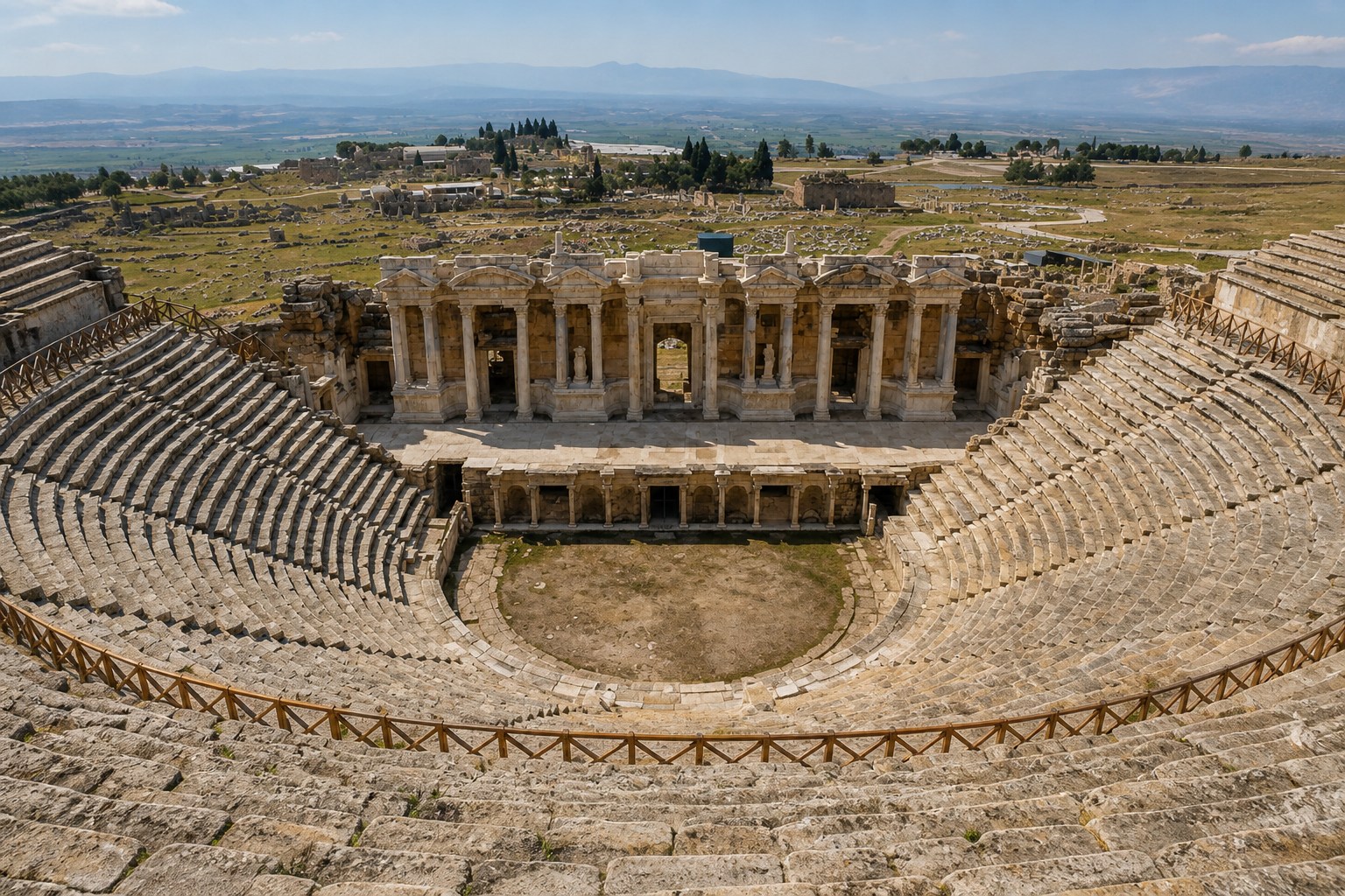 Hierapolis ancient city theatre beside Pamukkale travertines