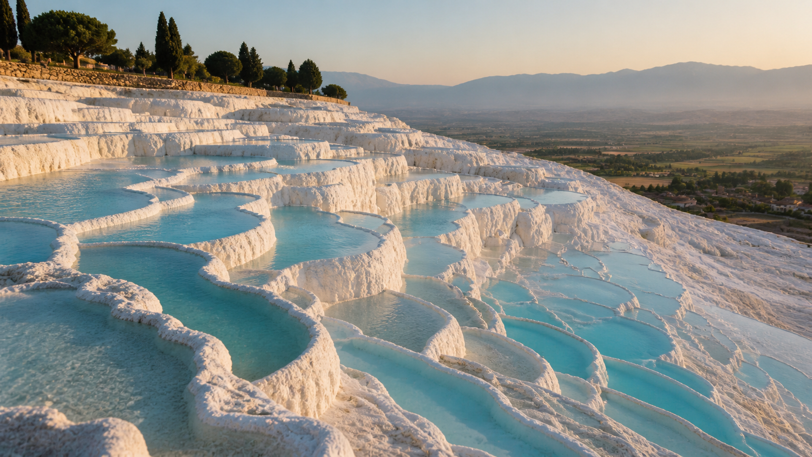 Pamukkale travertine terraces with turquoise thermal pools