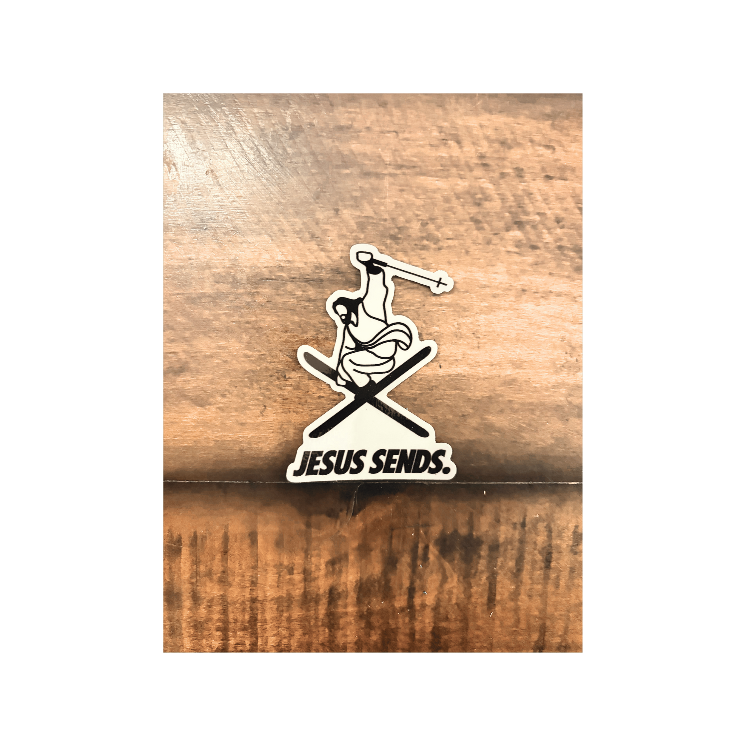 Jesus Sends on Skis Sticker - Black & White