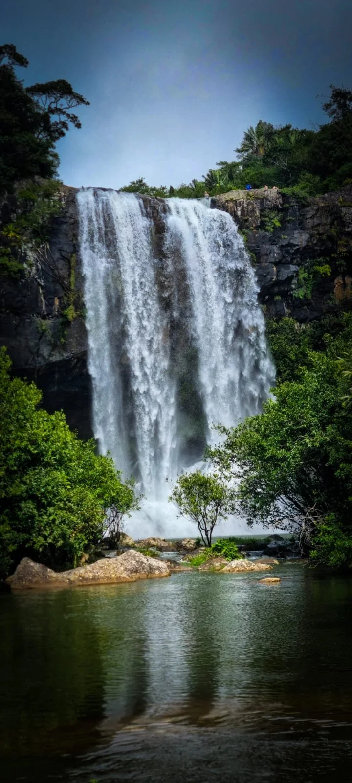 A tall waterfall cascading over a rocky cliff into a river surrounded by lush green trees and vegetation under a clear blue sky in Mauritius.