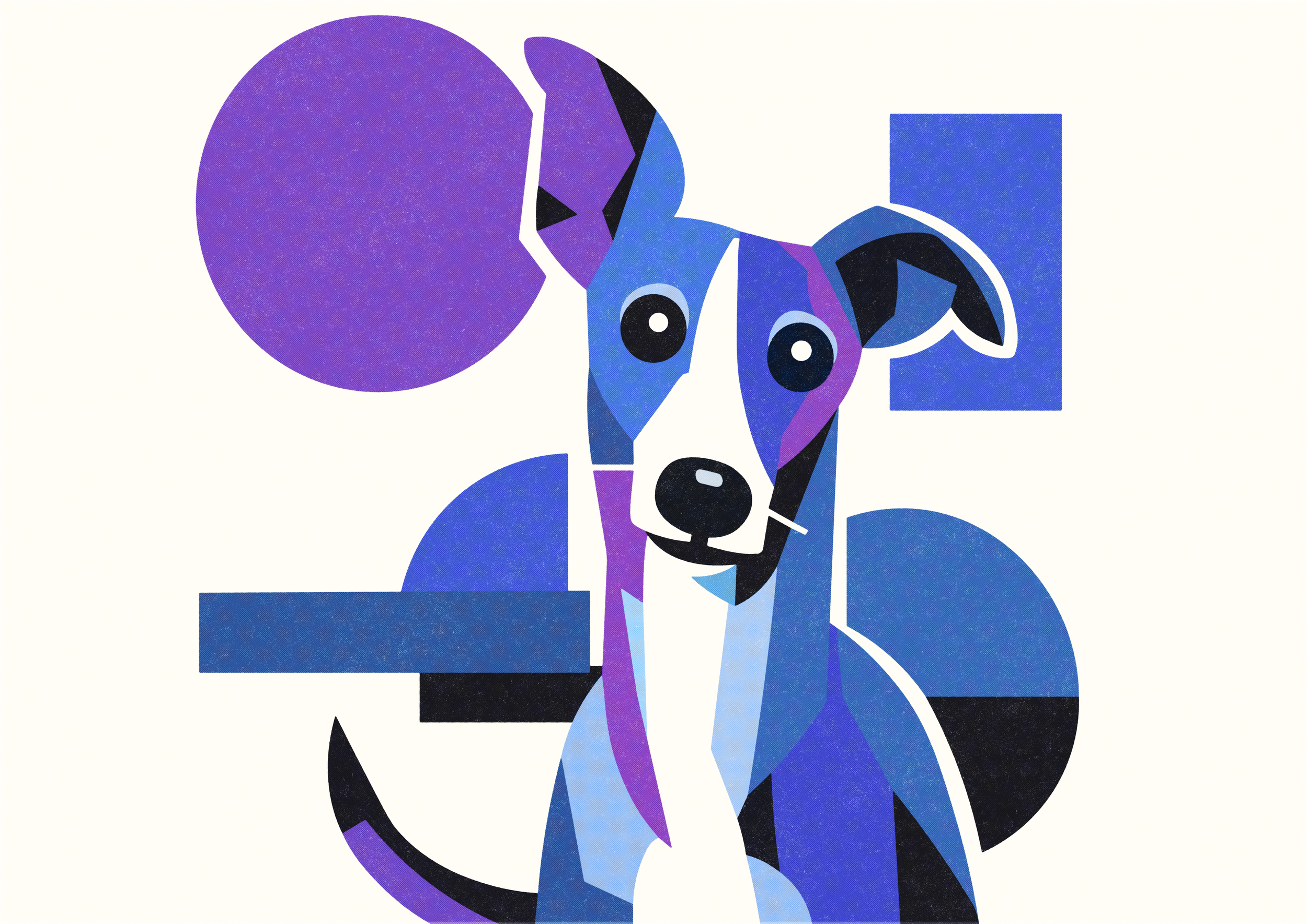 Abstract geometric illustration of a dog with large eyes, depicted using blue, purple, black, and white shapes, with circles and rectangles in the background.