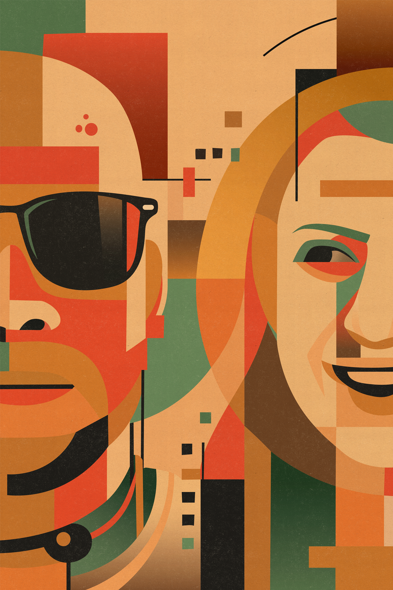 Abstract digital artwork featuring a man with sunglasses and a woman smiling, created with geometric shapes and a color palette of orange, green, beige, and black.