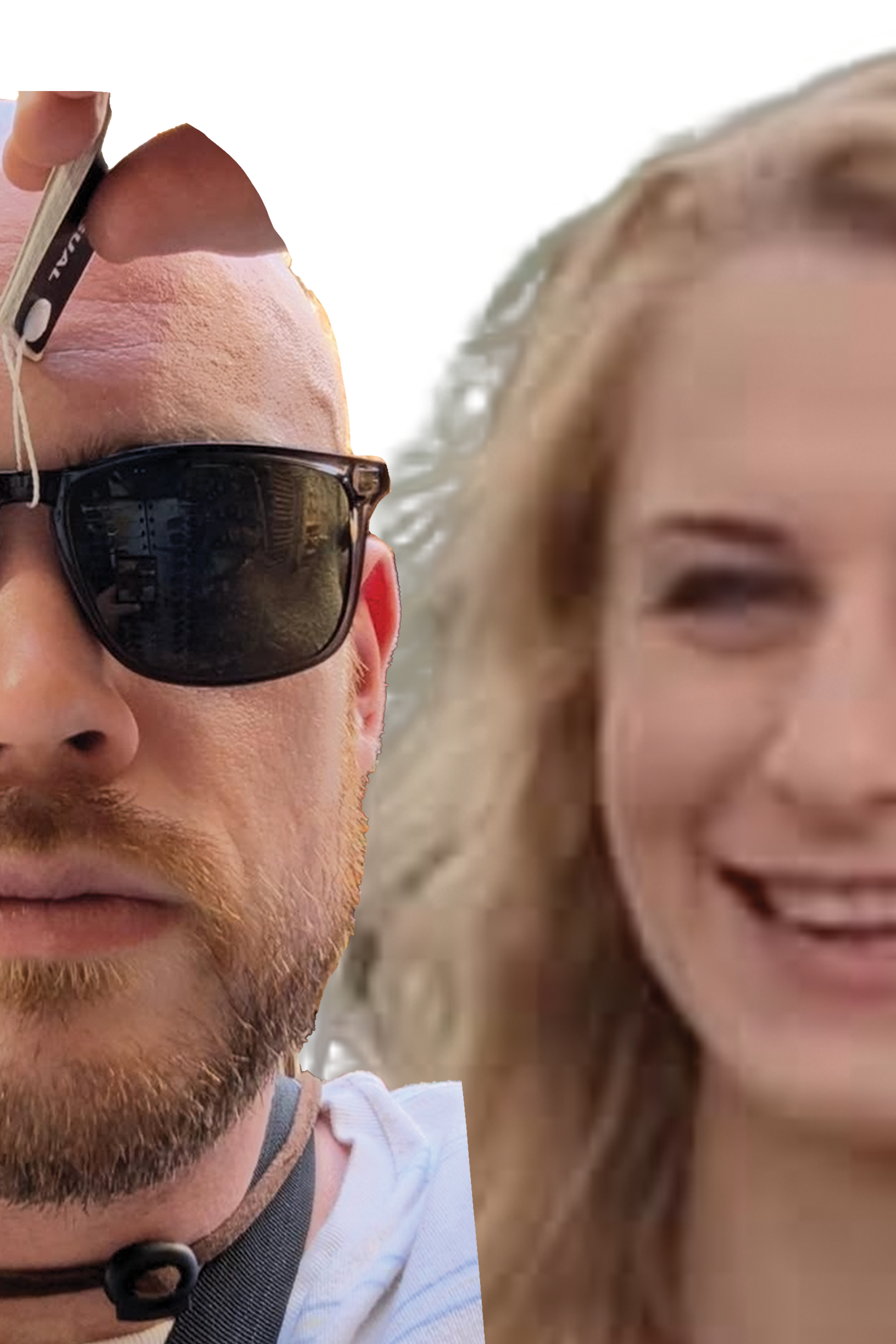 Close-up of a man wearing sunglasses and a woman smiling, with the woman partially out of the frame.