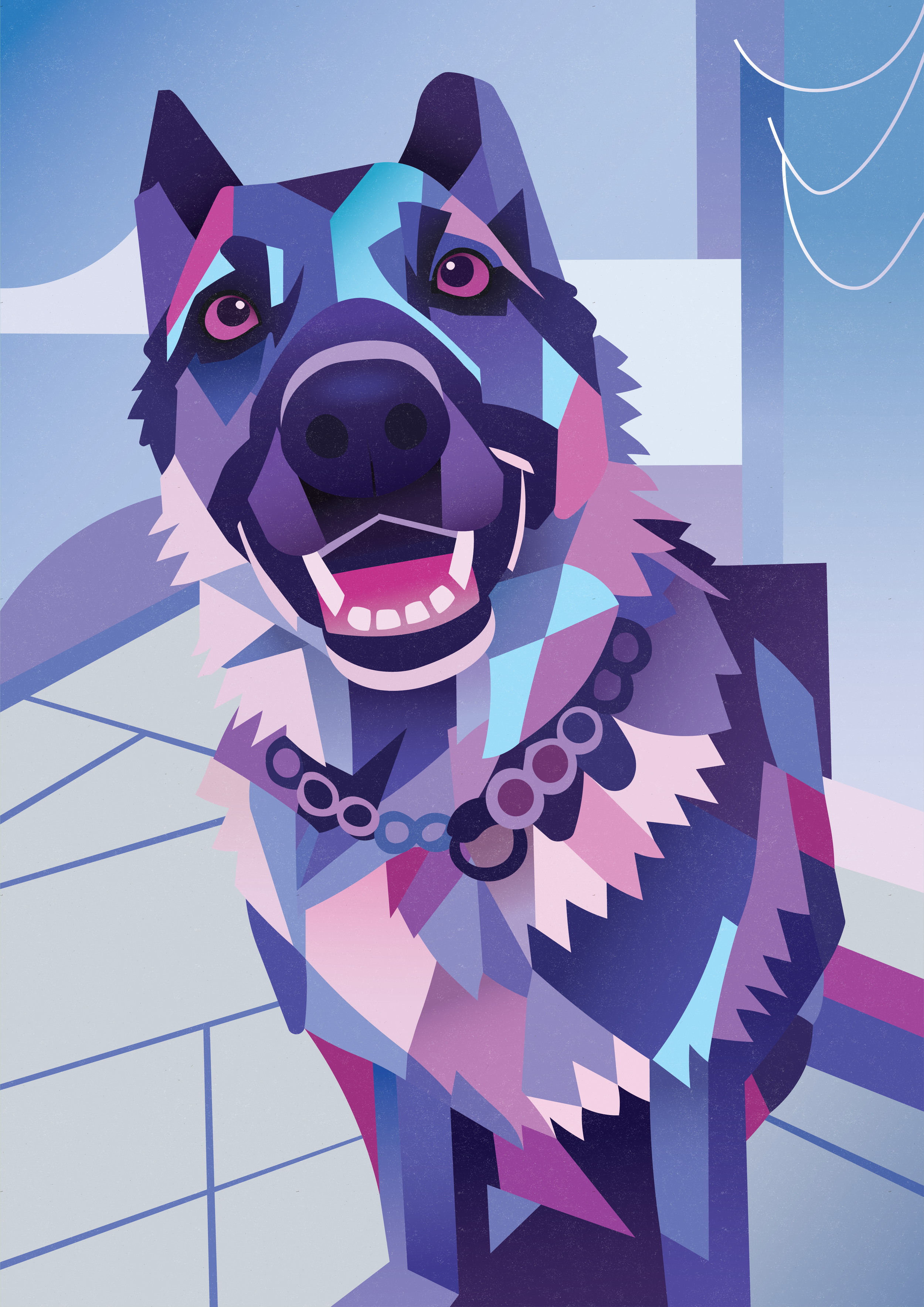 A colorful, geometric illustration of a happy, smiling dog with a collar, sitting on a tiled floor indoors.