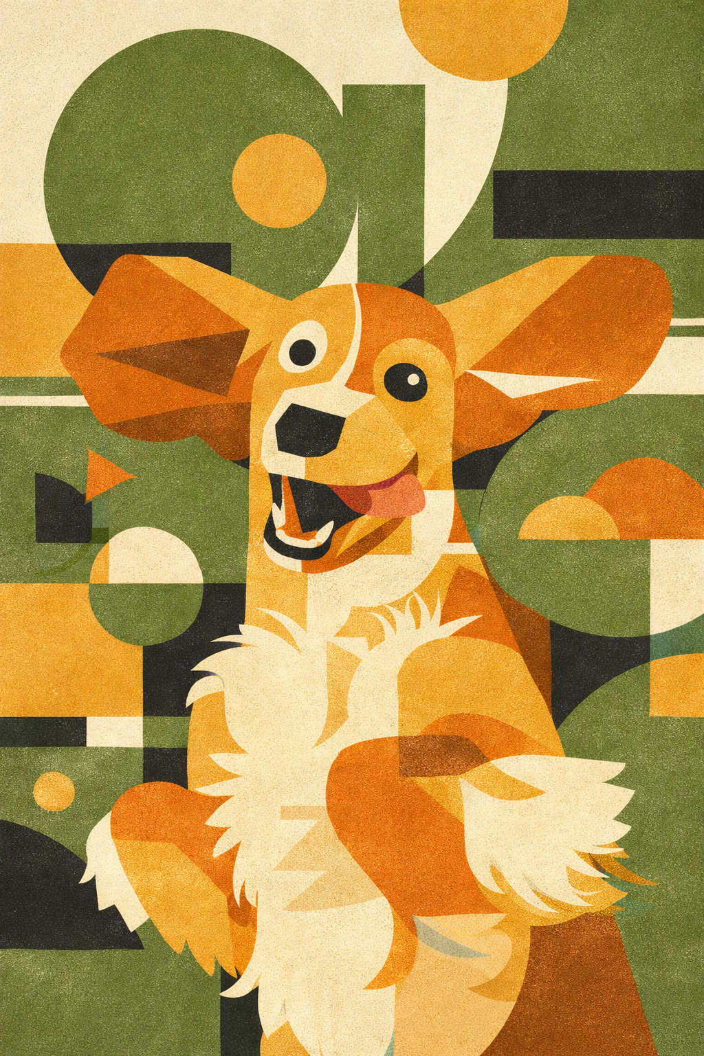 Abstract geometric illustration of a smiling dog with large ears, set against a colorful background of circles and shapes in shades of green, orange, and black.
