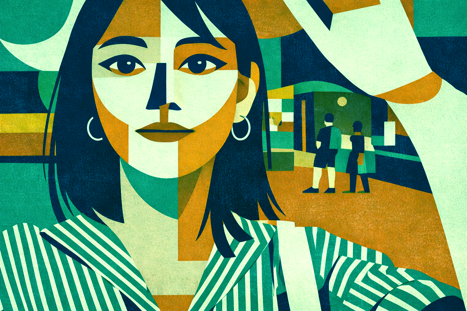 Stylized digital illustration of a woman with dark hair, hoop earrings, and striped clothing, taking a selfie at a cafe with two people in the background.