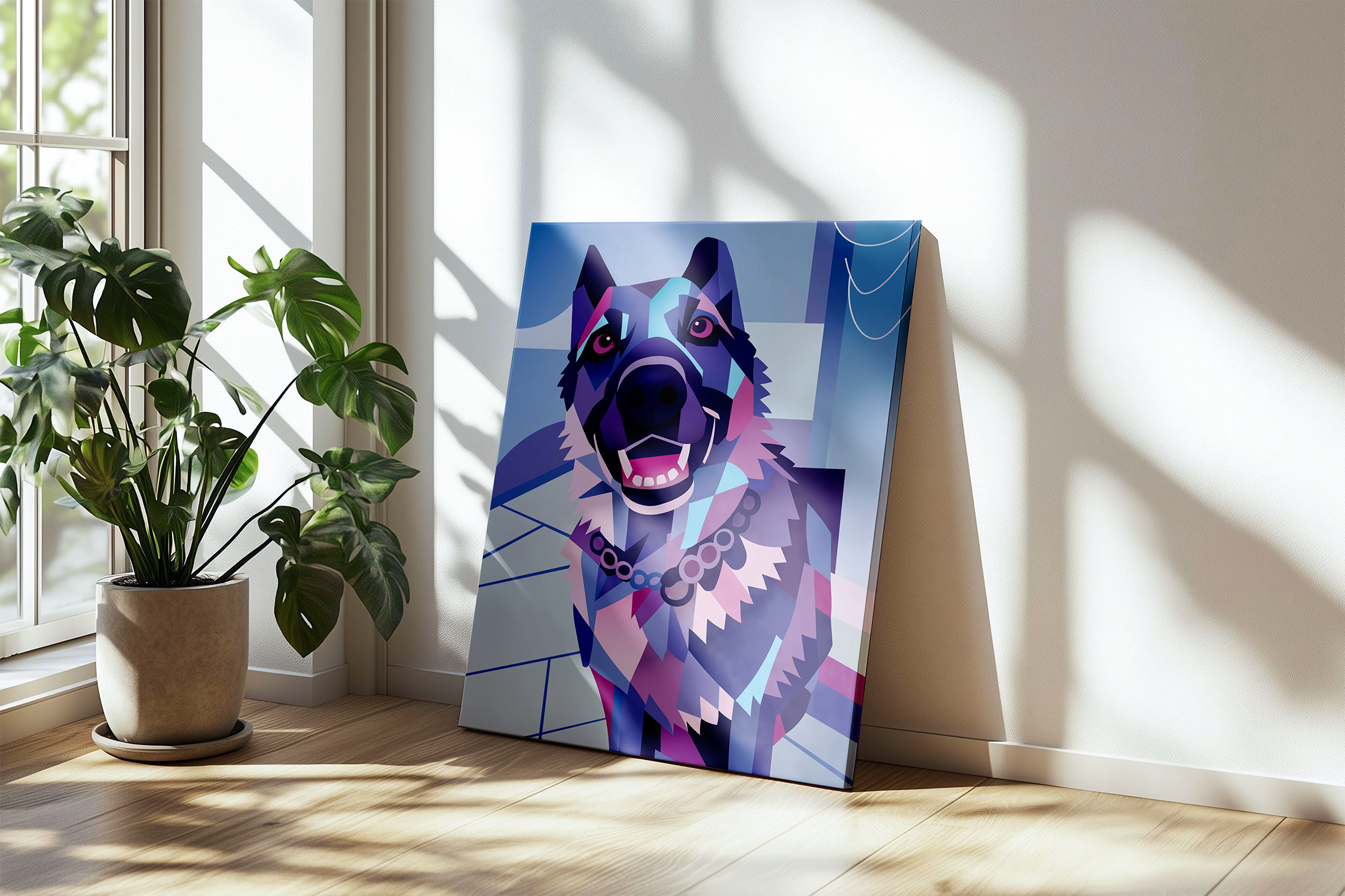 A colorful geometric style painting of a smiling husky dog with purple, blue, and pink shades, placed leaning against a white wall near a window with sunlight and a potted plant on a wooden floor.