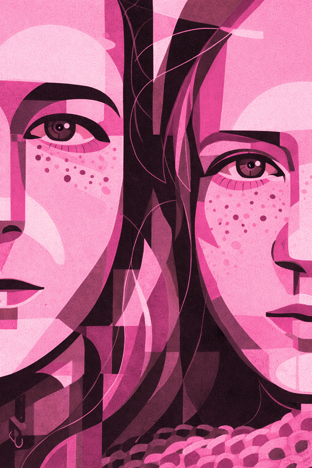 Abstract digital artwork of two women's faces with pink and purple tones, featuring stylized facial features, freckles, and flowing hair.