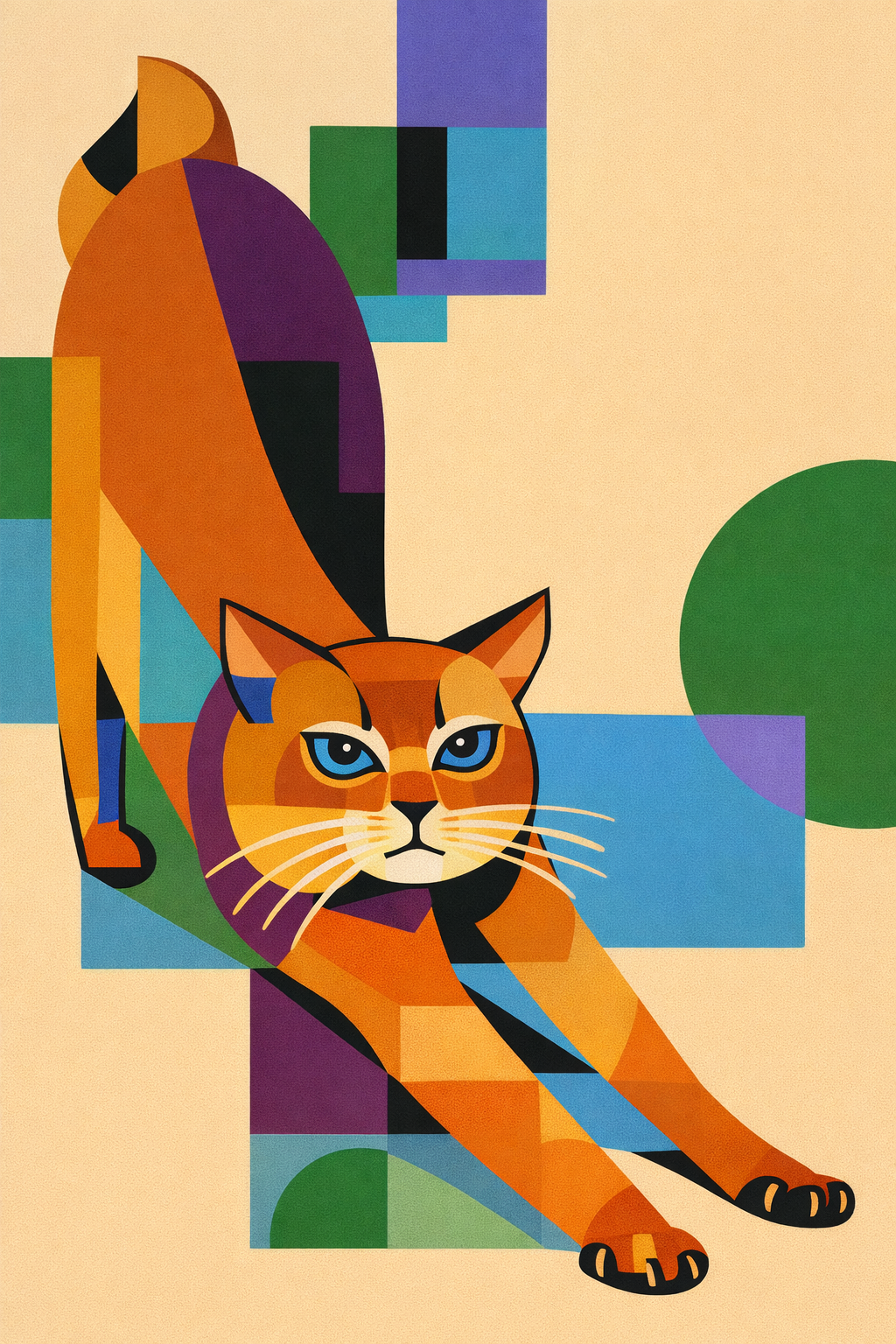 A colorful geometric-style illustration of a stretching orange tabby cat with blue eyes, against a background of abstract shapes and blocks in beige, green, purple, and blue.