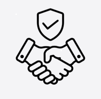 Outline of two hands shaking with a shield and checkmark above them, symbolizing trust and security.