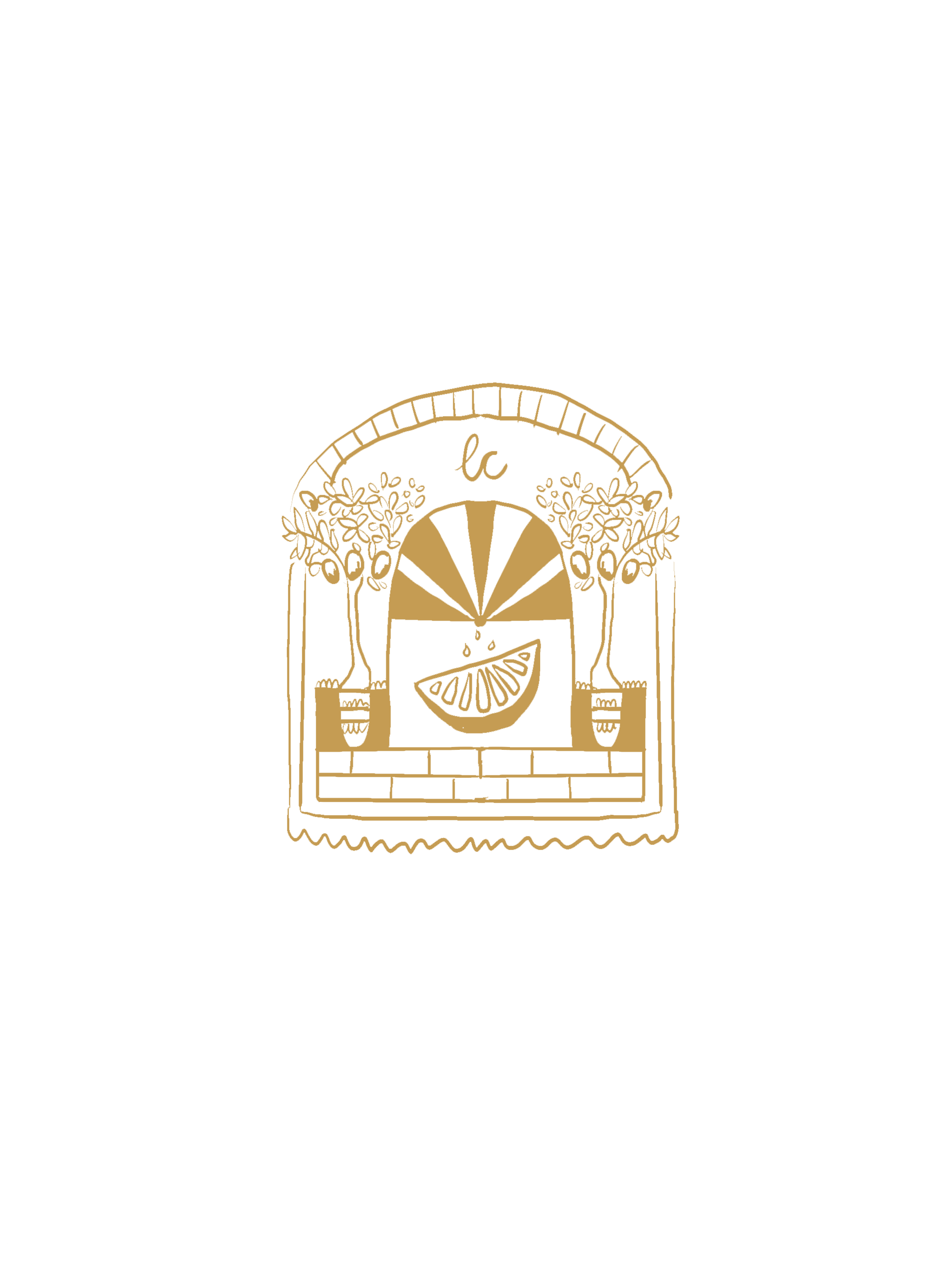 Gold-colored line drawing of a window with plants, lemon slice, and sun rays, with the letters 'lc' above. Alternative logo illustration for Lemon Creative, social media business in Townsville Queensland