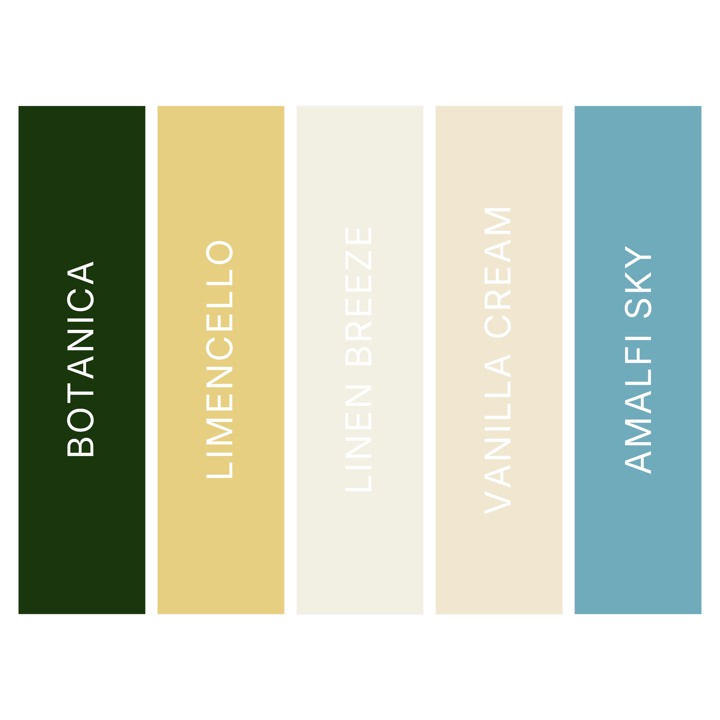 Color-coded book spines with titles: Bottanical, Limen celo, Linen Breeze, Vanilla Cream, and Aloe Sky.