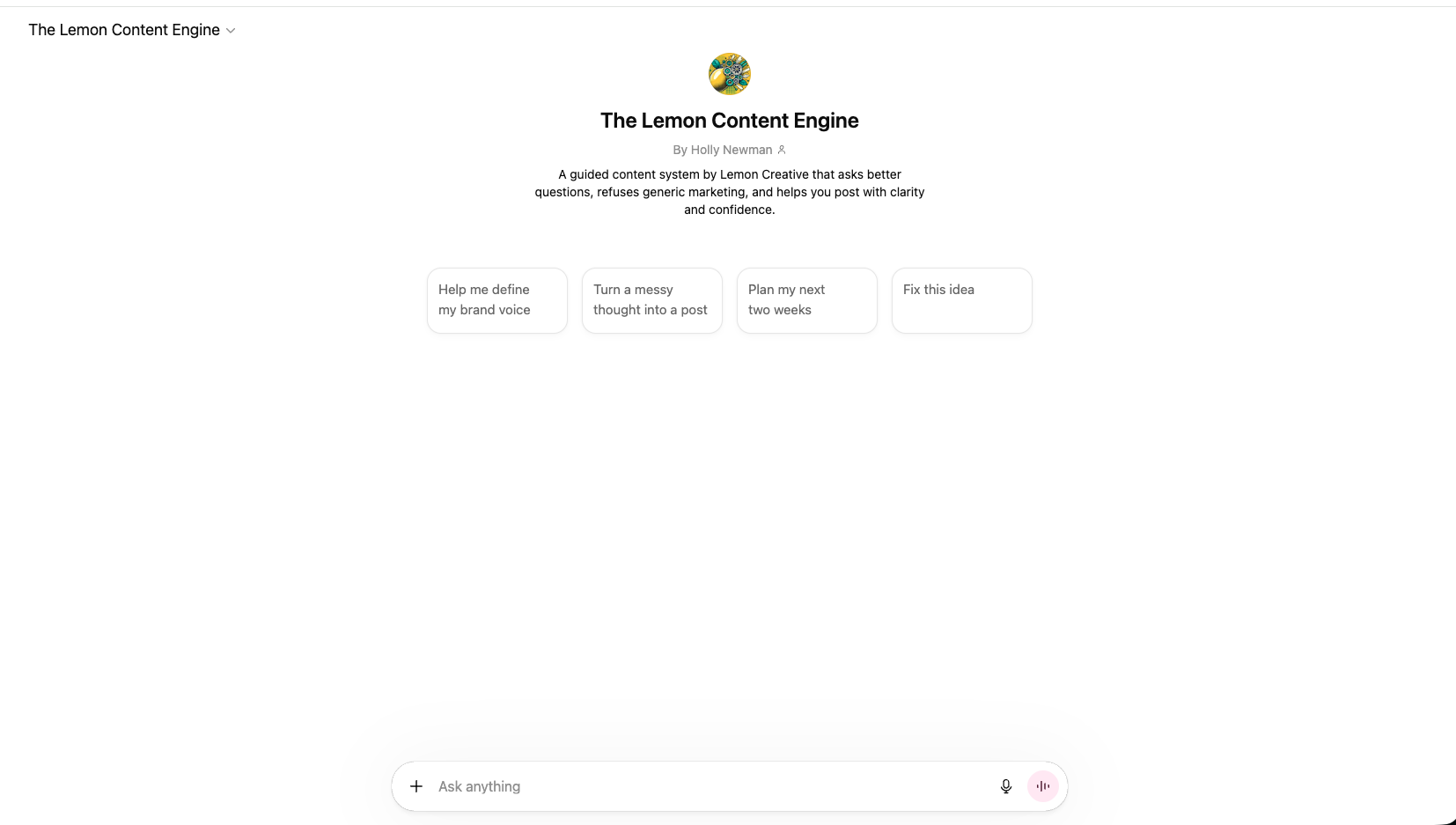 Screenshot of a website titled "The Lemon Content Engine" by Holly Newman, featuring a lemon-themed logo and four buttons labeled "Help me define my brand voice," "Turn a messy thought into a post," "Plan my next two weeks," and "Fix this idea."
