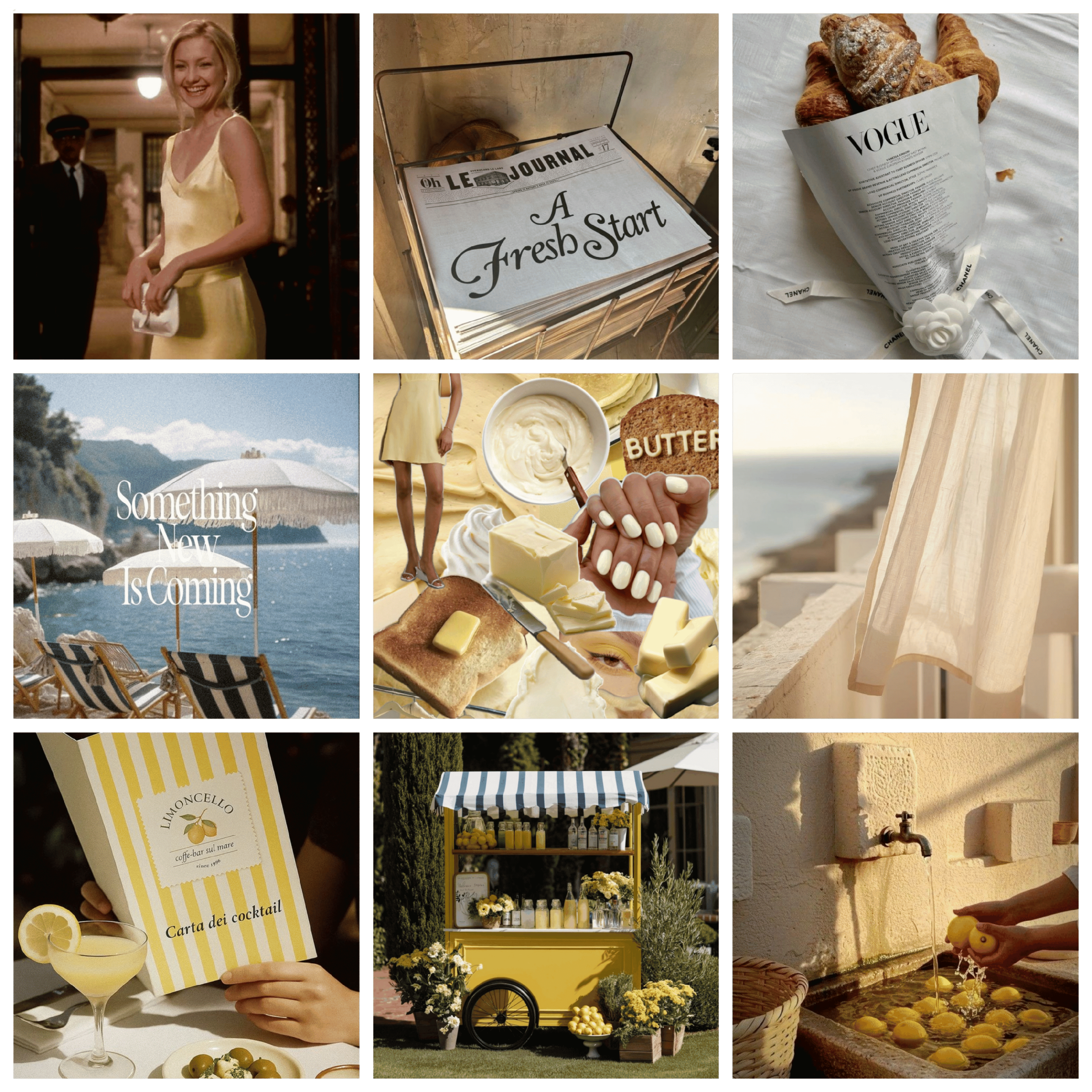 Collage of images featuring a woman in a yellow dress, newspapers, croissants, a beach scene with umbrellas, cheese and butter, a curtain, a lemonade menu, a lemon stand, and lemons in water.