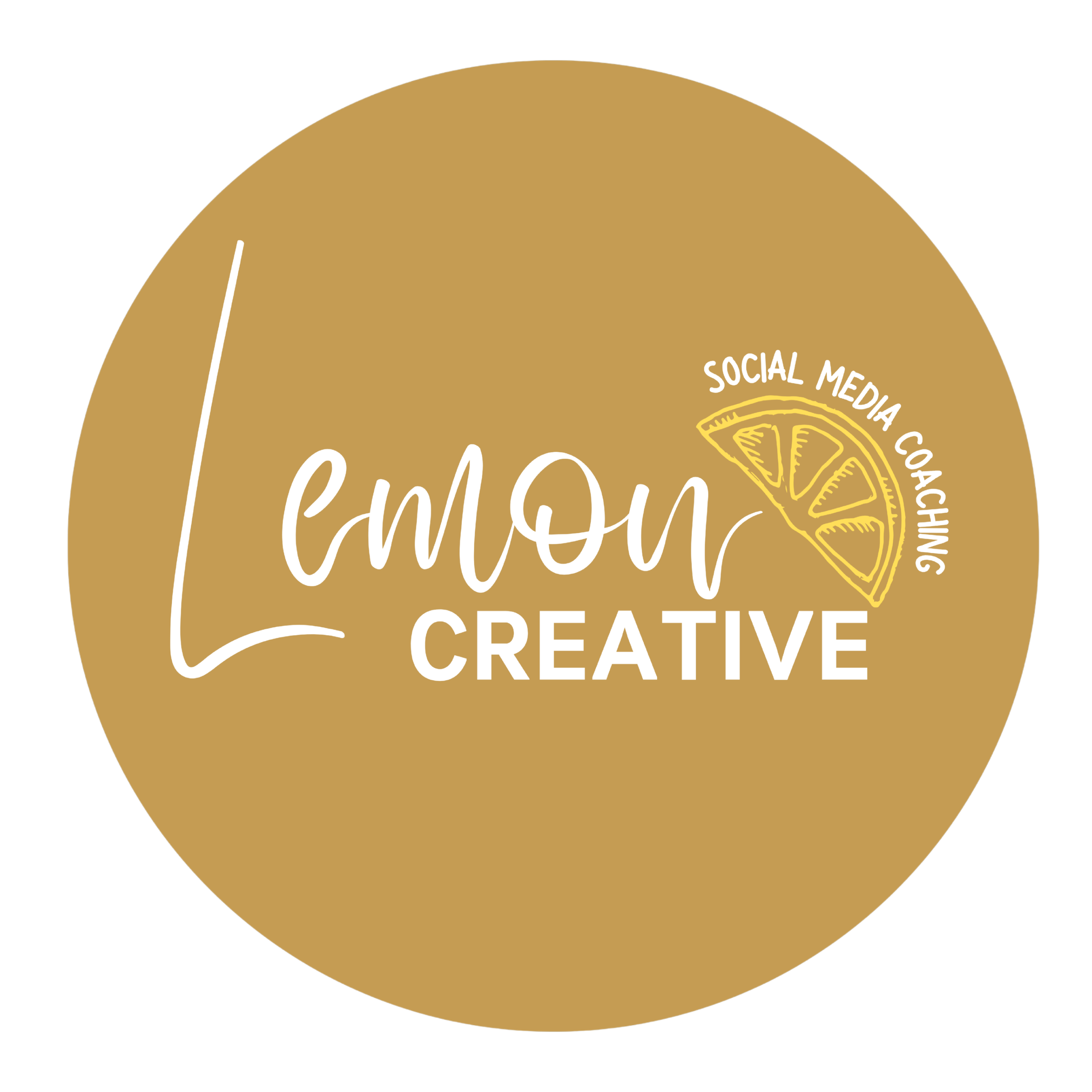 A circular logo with a tan background. The text reads 'Lemon Creative' with 'Lemon' in white cursive font and 'Creative' in white uppercase font. A small lemon wedge drawing is near the top right, with the words 'Social Media Coaching' curved around it.