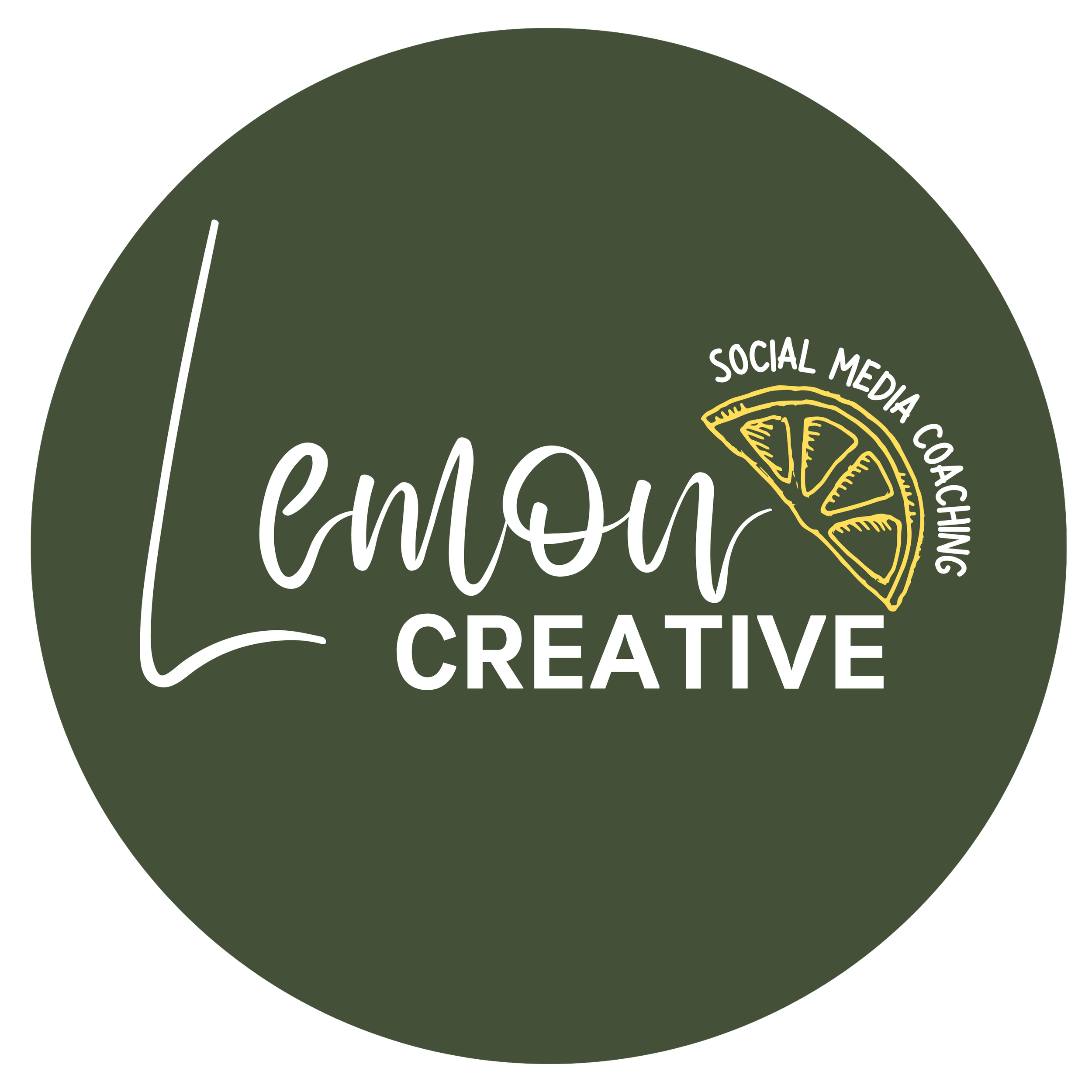 A circular logo with a dark green background displaying the text 'Lemon Creative' in white with a lemon slice graphic and the words 'Social Media Coaching' curved around it.
