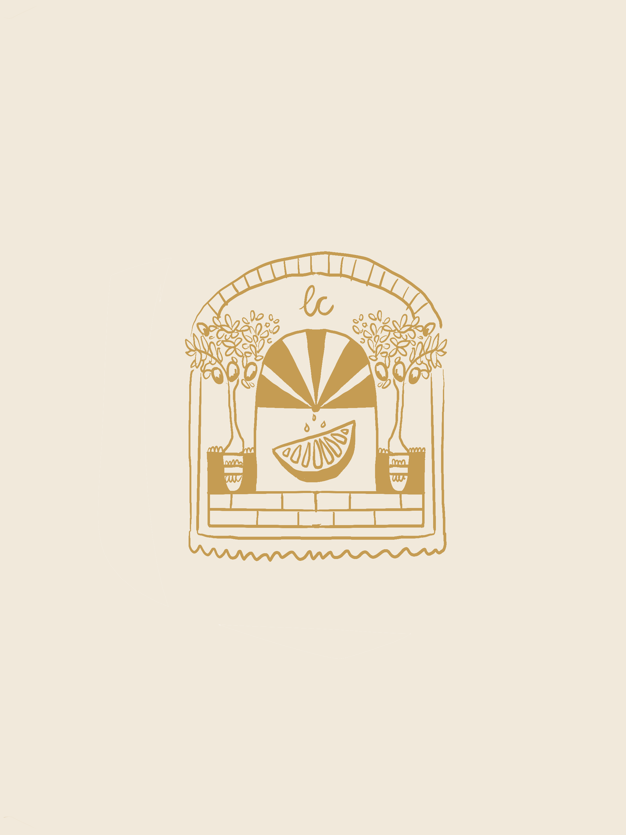 Stylized illustration of a window with two potted trees, a slice of lemon, and a sunburst pattern in shades of beige and brown. Alternative logo for Lemon Creative, social media consultancy business in Townsville Queensland