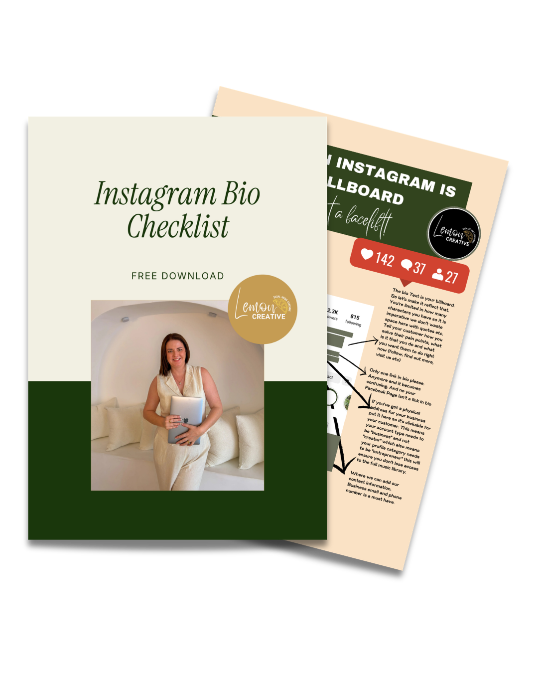 Two informational flyers for social media branding; one with a woman holding a tablet on a beige sofa, titled "Instagram Bio Checklist" with Lemon Creative logo, and another with social media engagement stats and branding tips.