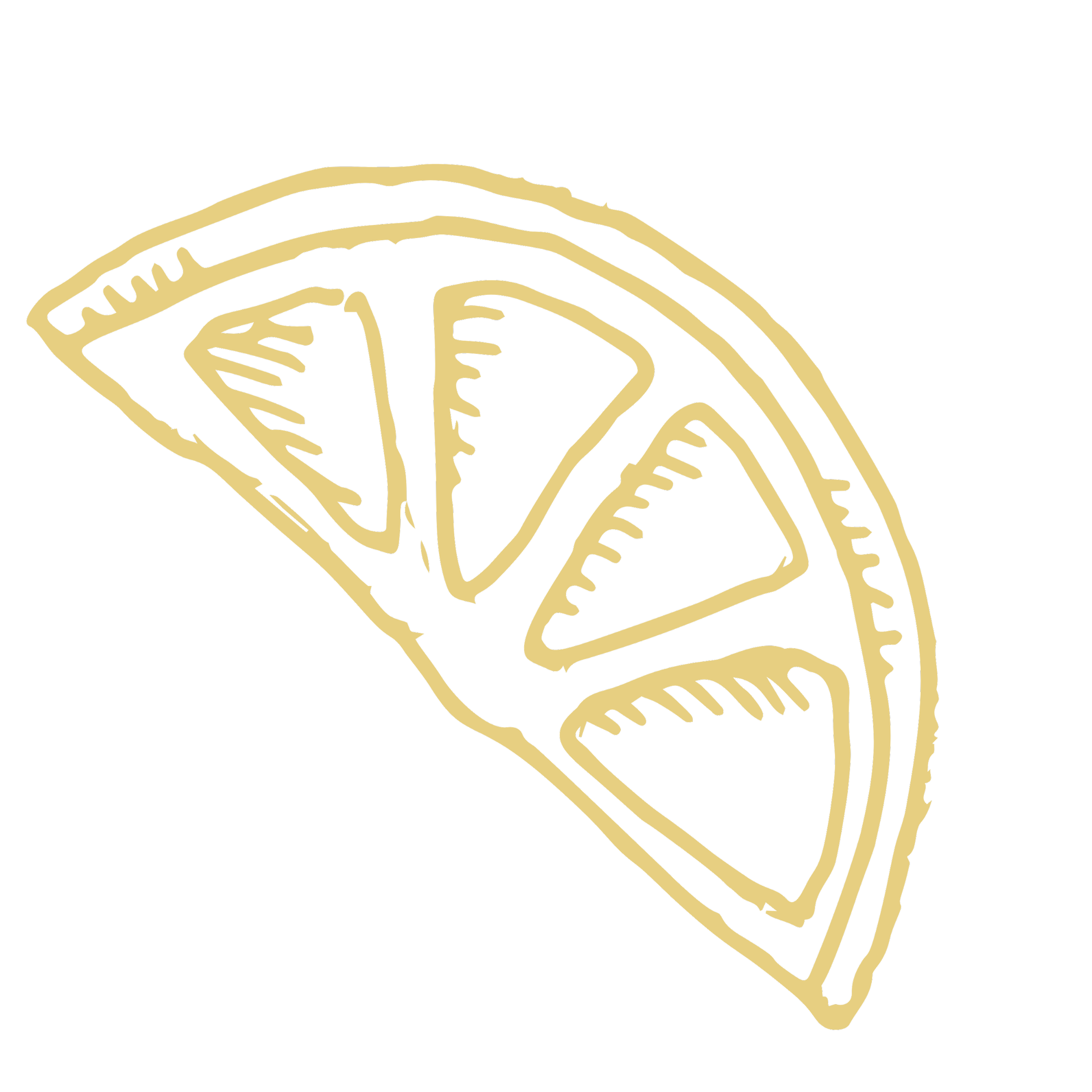 A digital illustration of a lemon wedge with a gold outline on a black background.