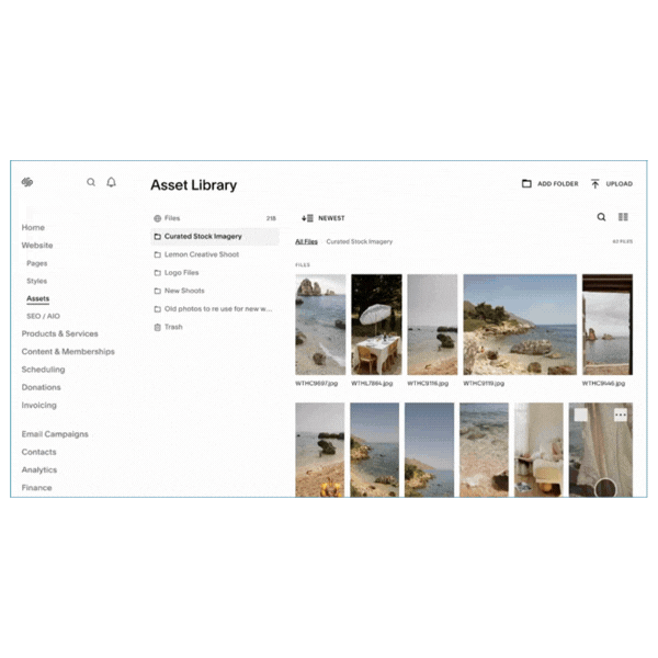 Screenshot of an online asset library interface with beach photos categorized under 'Curated Stock Imagery' and 'Newest' sections.