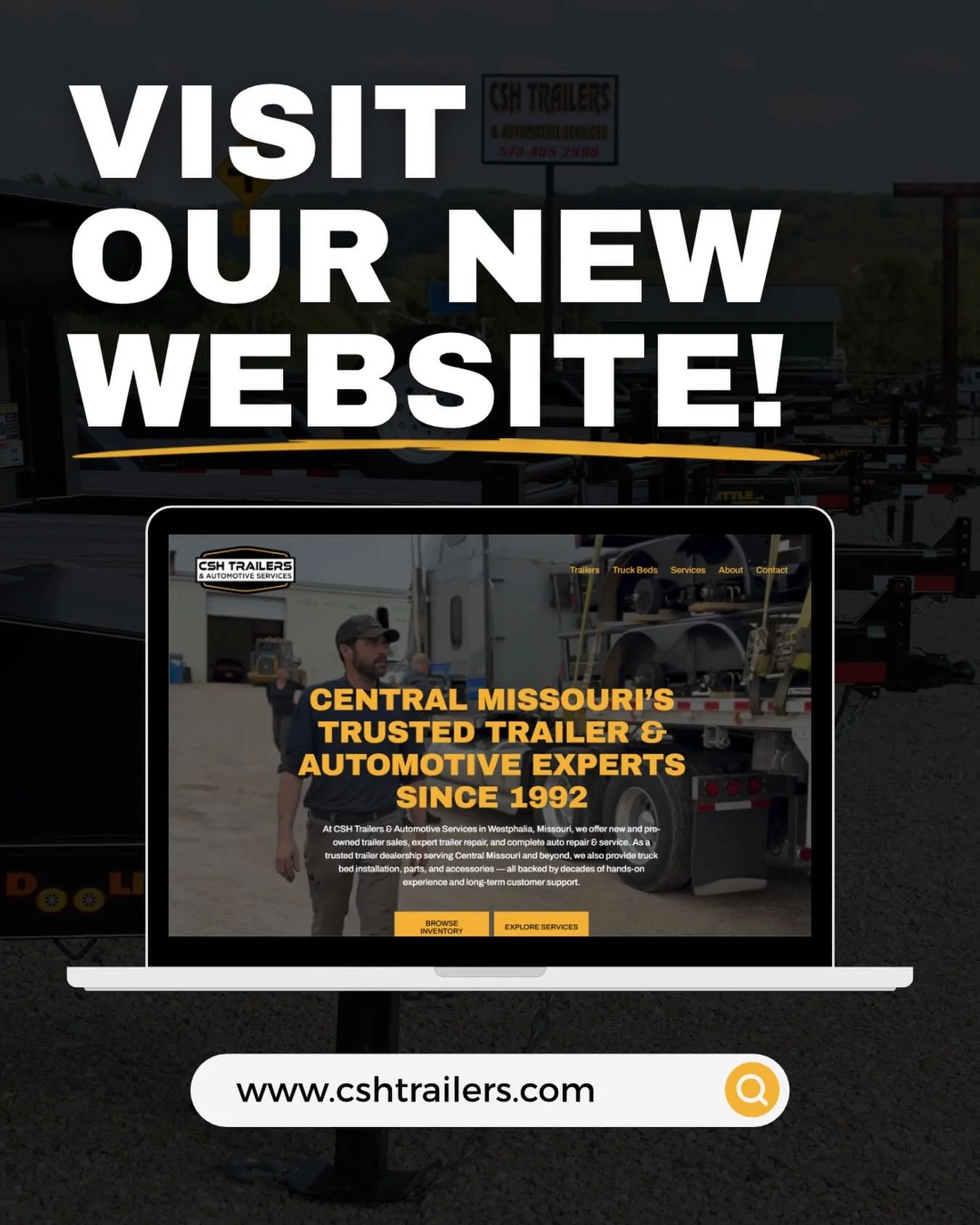 Our brand-new website is officially live! 

See our current inventory, explore our full range of services, and easily contact us through the site. 

Check it out ➡️ https://www.cshtrailers.com/
