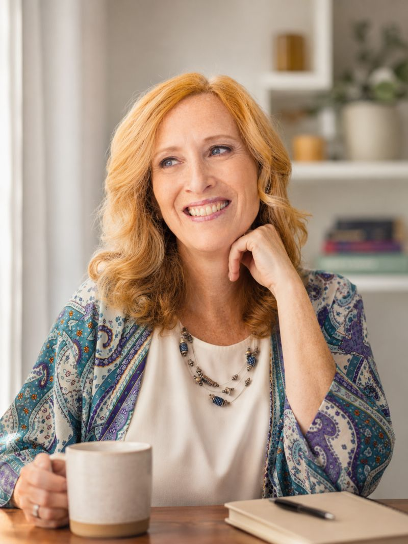 Carolyn Hart, co-founder of Resilient Voices, sitting at a table with a mug, notebook, and pen, in a well-lit room with shelves and plants in the background.