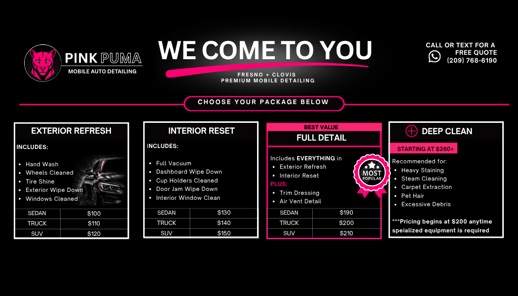 Promotional flyer for Pink Puma Mobile Auto Detailing in Fresno and Clovis. Offers services including exterior refresh, interior reset, full detail, deep clean, with pricing for sedans, trucks, and SUVs.