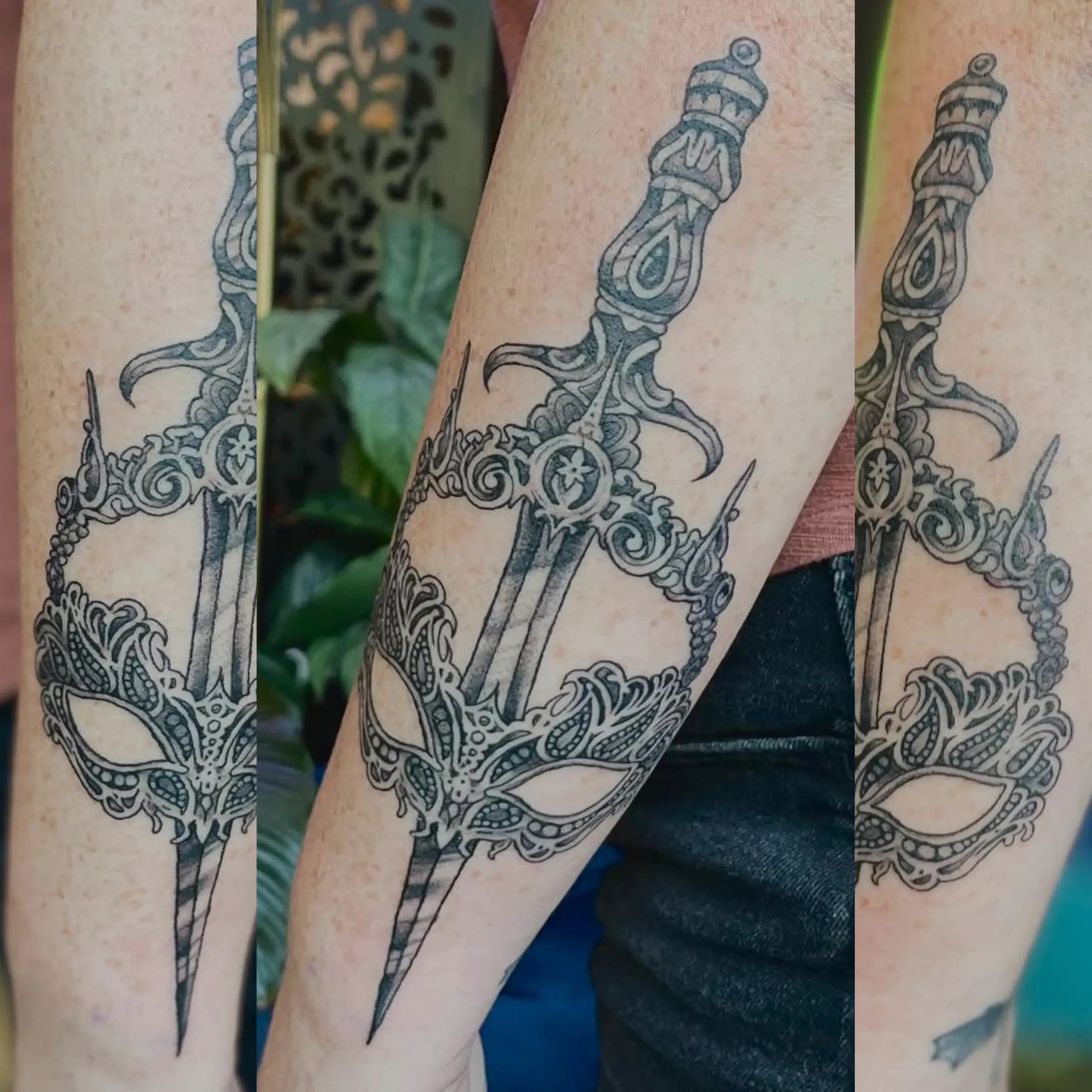 Black and gray tattoo of Nesta's dagger and mask from ACOTAR. Custom design by Jess, tattoo artist in Richmond, Virginia.