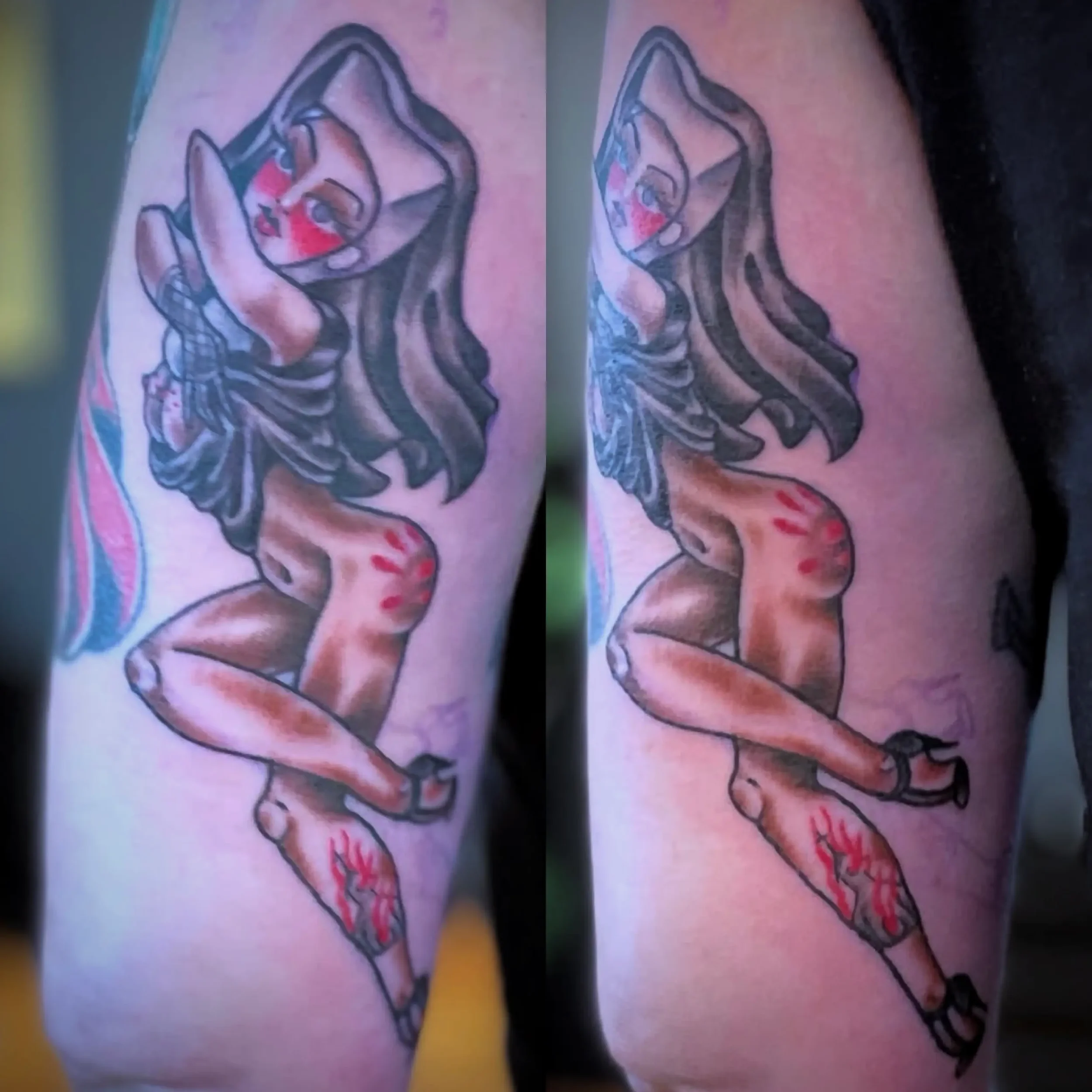 American Trad pinup girl with nun habit tattoo on arm. Custom design by Jess, tattoo artist in Richmond, Virginia.