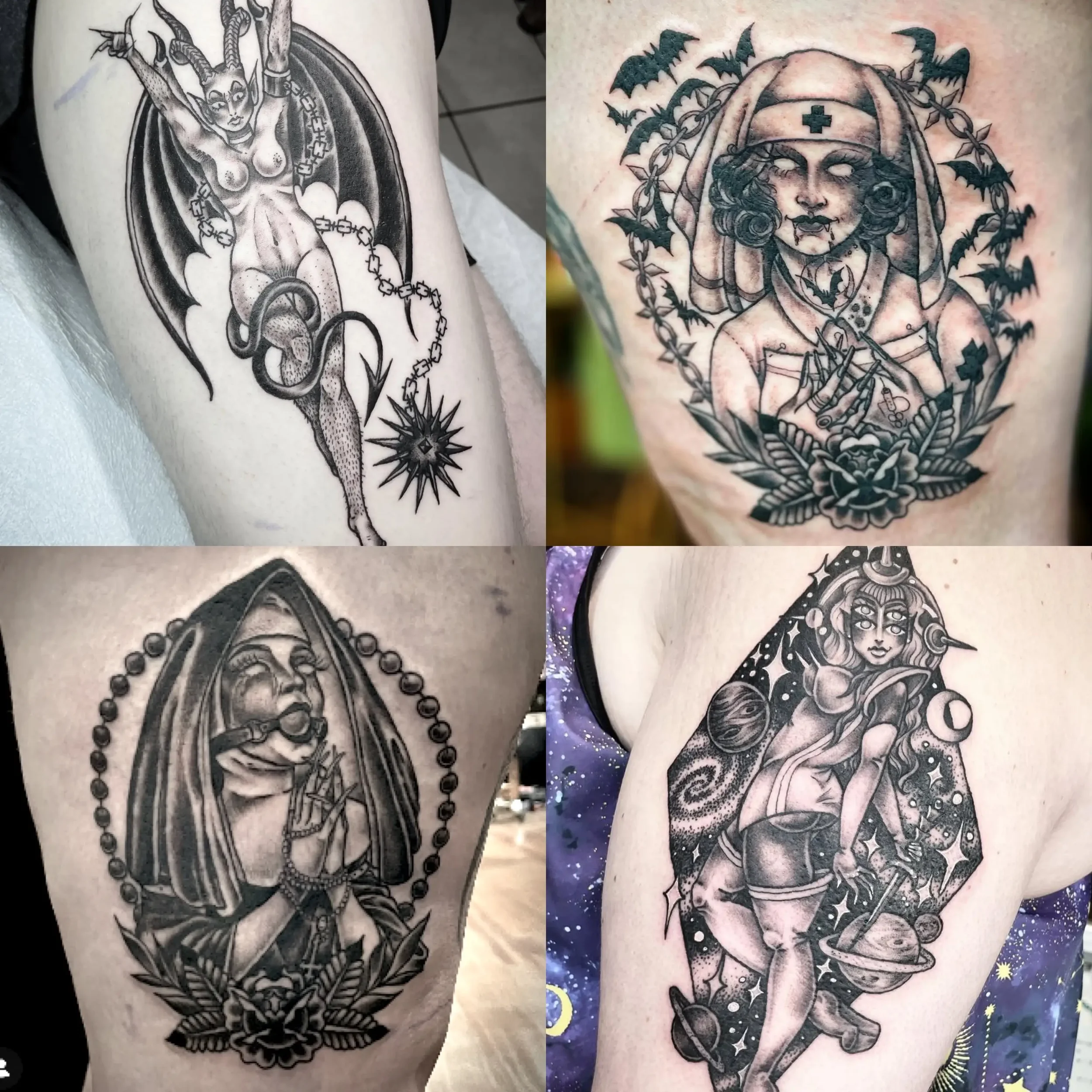 Collage of four gothic illustrative tattoos featuring women with fantasy and space themes. Custom designs by Jess, tattoo artist in Richmond, Virginia.
