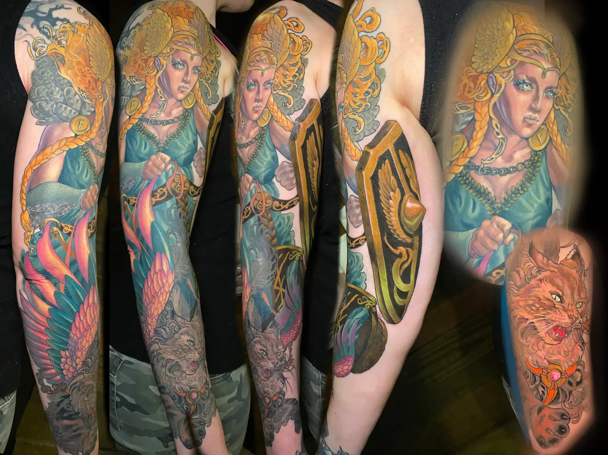Colorful tattoo sleeve of a Freya, Norse goddess, woman with long braided hair, an ornate shield, a lion and a phoenix. Custom Design by RVA tattoo artist Fronkie.