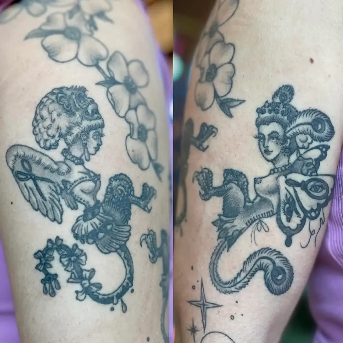 Arm sleeve tattoo with goddesses surrounded by flowers and stars. Custom design by Jess, tattoo artist in Richmond, Virginia.
