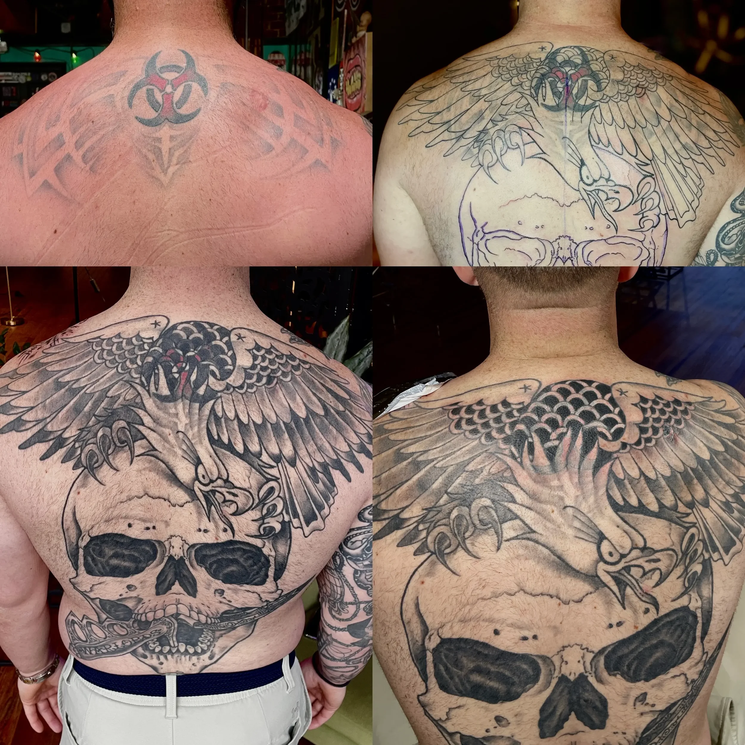 A collage of stages of a tattoo coverup. The final tattoo is a black and gray skull and eagle on a person's back. Custom design by Jess, tattoo artist in Richmond, Virginia.